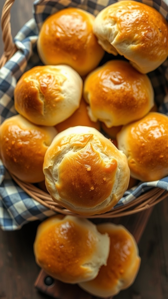 Soft Yeast Rolls Recipe for Bread Machine A basket of golden brown soft yeast rolls on a wooden table.